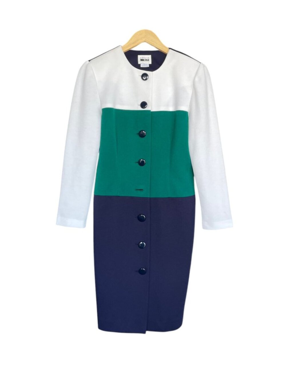 Vintage Leslie Fay 80s Colorblock Button Front Dress - Navy, Green, White - 10P